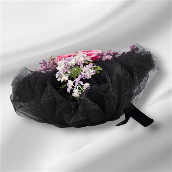 Vintage Mme. Poswolsky NY Black Tulle Derby Hat Roses & Rhinestones 1950s RARE main image 10